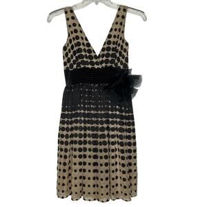 Burlapp Women's Polka Dot Beige and Black V-Neck Dress with Tulle Bow Detail 0